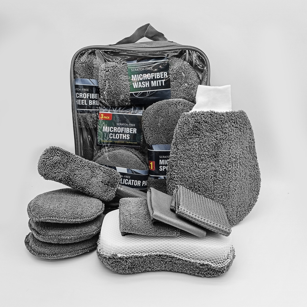 Limpieza de belleza para coche, juego de 9 piezas, toallitas para el hogar, guantes para lavado de coches, trapos de toallas, esponja para encerar, cepillo para rueda: Gris