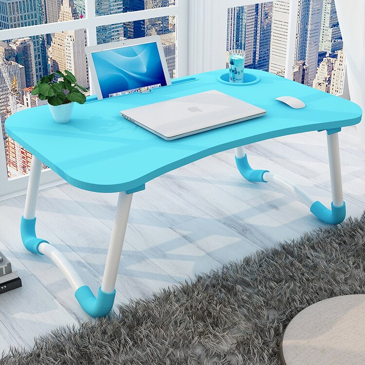 home portable folding bed notebook support frame bedroom living room small computer desk student study table: Blue