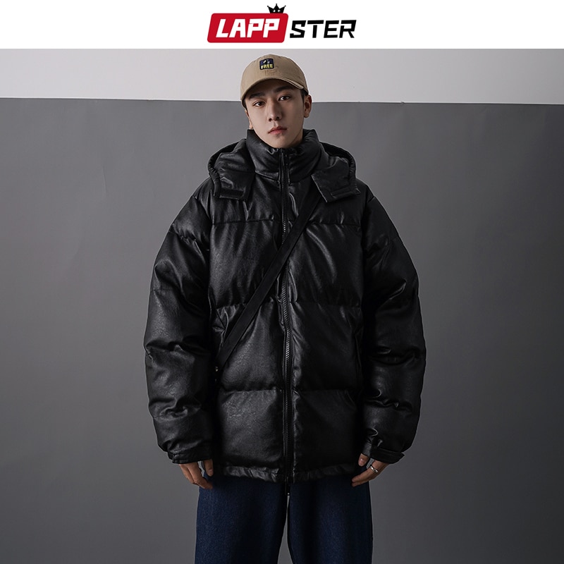 LAPPSTER Männer Japanischen Streetwear Leder Puffer Jacke Herren Hüfte hüpfen Schwarz Winter blasiert Jacken Mäntel Paar Koreanische Parka