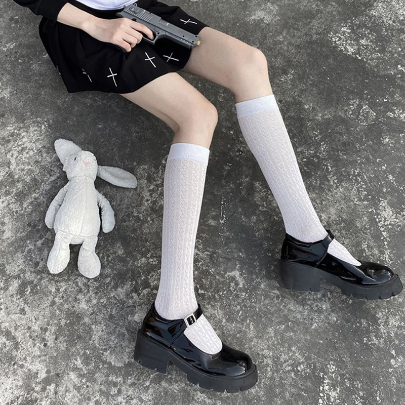 Calze per studenti delle scuole superiori stile giapponese Calzini lunghi Solido Nero Bianco Calzini estivi da donna sottili Costumi JK Calzini alti al ginocchio per ragazze