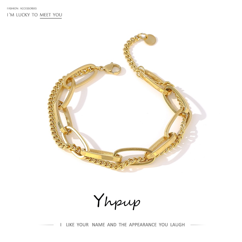 Yhpup Link Chain Stainless Steel Bangle Bracelet for Women Exquisite Gold Metal Bracelet Jewelry Girl Beach брелок