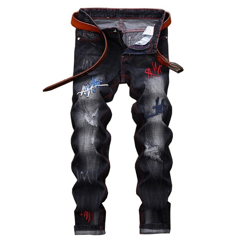 Mænd afslappet broderi rippet motorcykel slim fit bukser til mænd straight denim jeans mænd