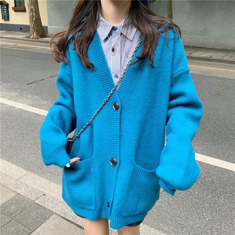 Cardigã de comprimento médio para mulheres, suéter verde com decote em v solto, cardigã de malha feminino de manga comprida, casaco midi, outono e inverno, 2023