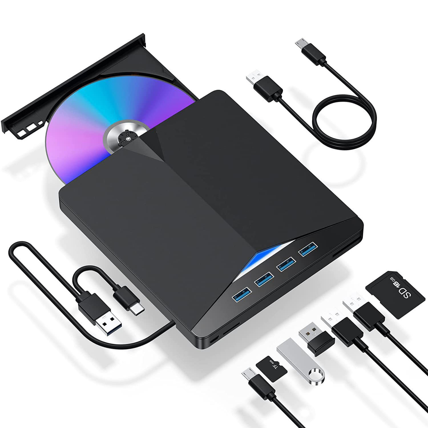 USB 3.0 7-in-1 Type-C TF SD External CD DVD RW Optical Drive DVD Burner Reader Player Tray Type for Windows 7/8/10 Desktop: Default Title