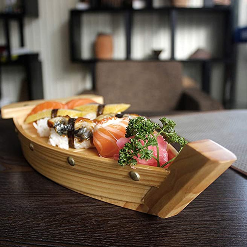 Wooden Sushi Plate Boat Shaped Dish Japanese Style Snack Tray Serving Dish for Home Restaurant