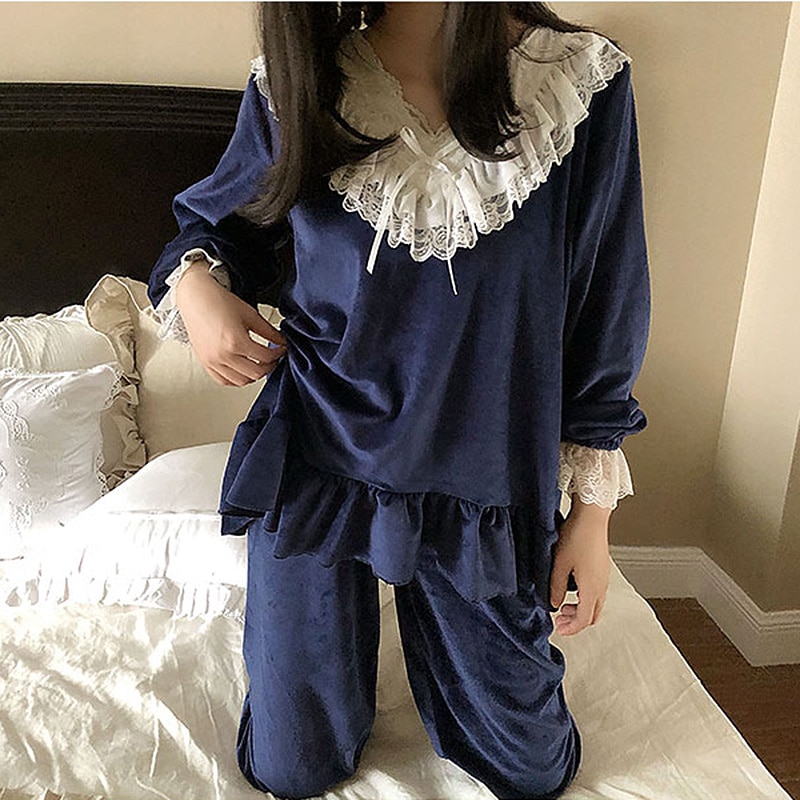 Herbst Winter frauen Lolita Flanell Rüschen Schlafanzug setzt. spitze Spitzen + Hosen. Jahrgang Damen Mädchen Schlafanzug einstellen. nachtwäsche Loungewear