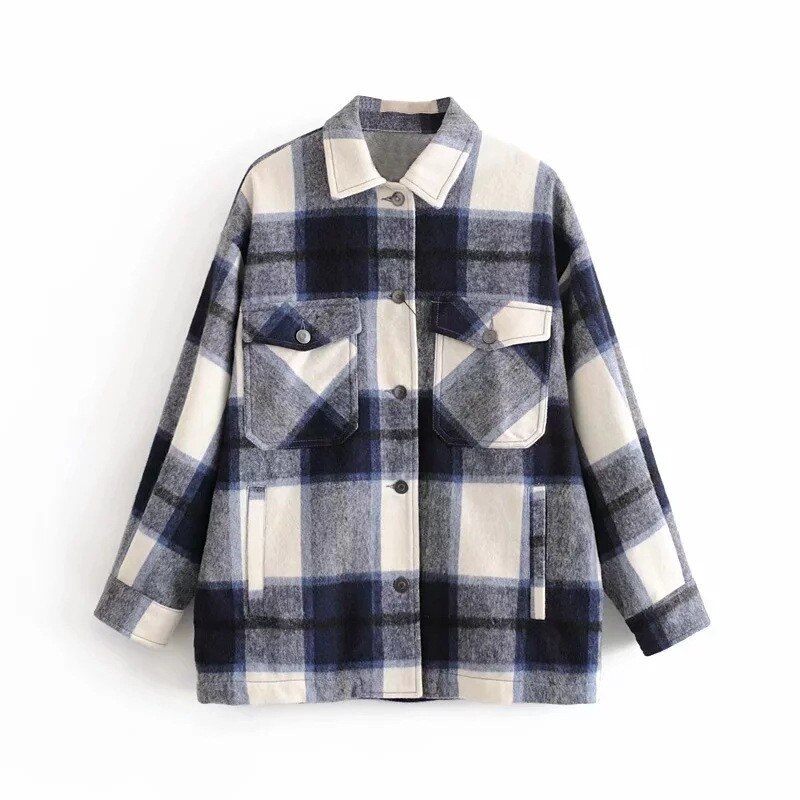 Vintergrön rutig jacka kappa dam streetwear långärmad tjock ullrockficka överdimensionerad lapel höstskjortor kappor: Blå / Xl