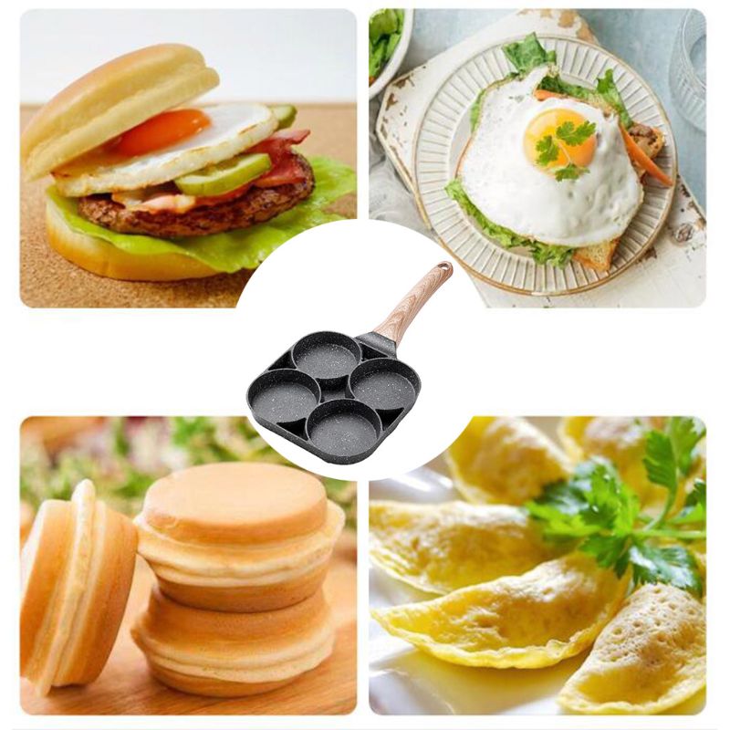 Poêle à omelette 4 trous pour œufs de Burger machine à crêpes jambon manche en bois marmite antiadhésive cuisson petit déjeuner