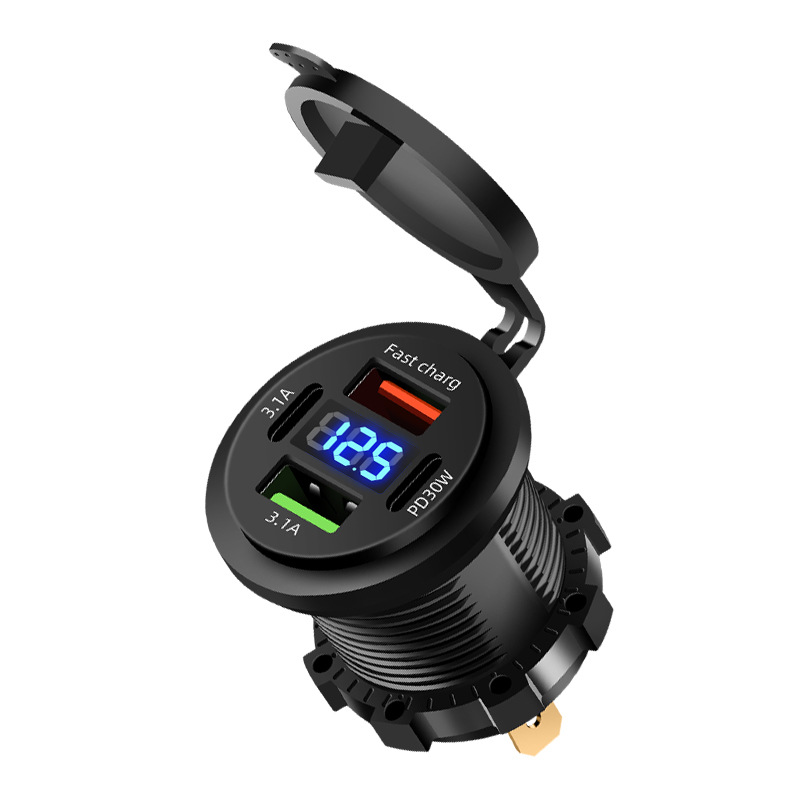 86W Dual QC3.0 USB & Dual PD3.0 Car Charger Power Outlet Socket Type-C Fast Charging Outlet with LED Voltmeter 12-24V For Cars