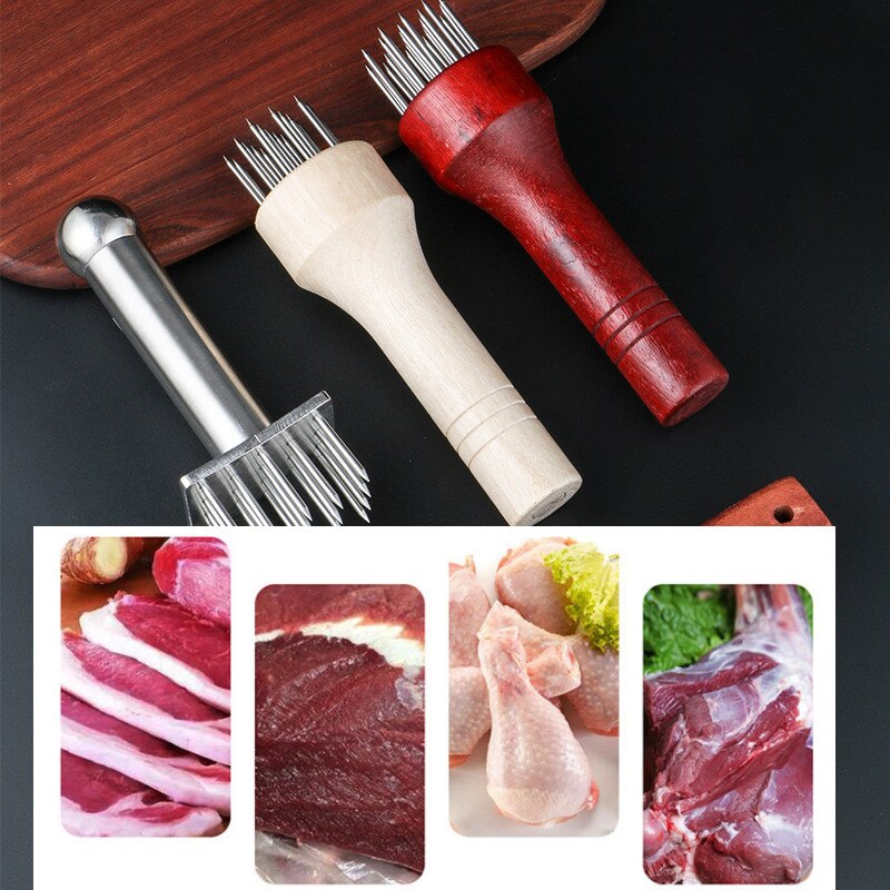 Stainless Steel Meat Needles Pounders With Wooden Handle Portable Meat Hammer Profession Meat Tenderizer Needle Meat Tools