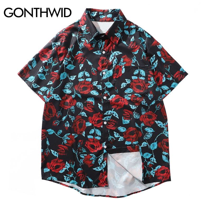Gonthwid Bloemen Print Hawaiian Strand Shirts Mannen Zomer Casual Bloemen Tropische Korte Mouw Shirts Aloha Button Tops