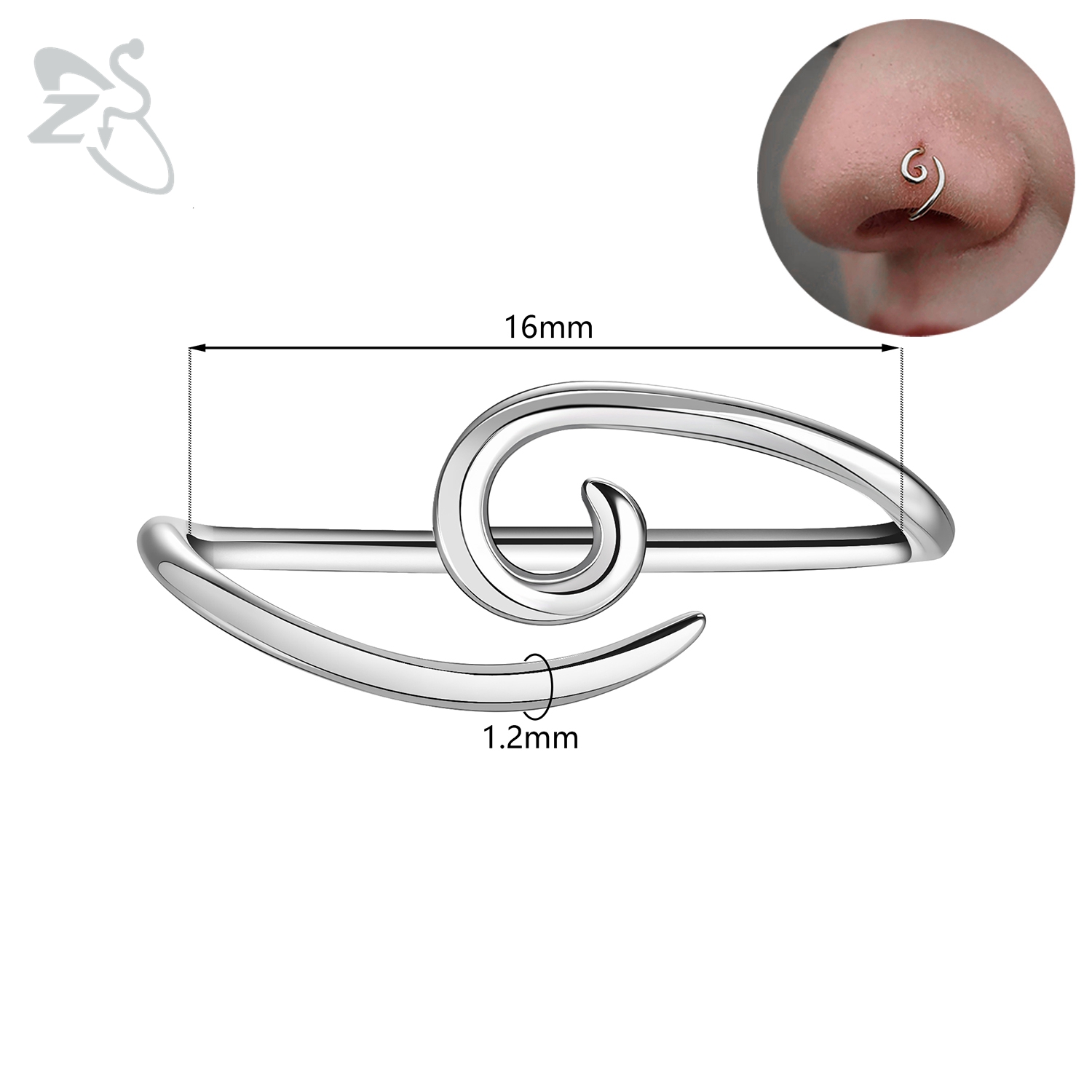 Zs 1 peça 16g 925 prata esterlina nariz parafuso prisioneiro mulheres homens hipoalergênico ponte espiral piercing narina concha piercings 10/12/14/16mm: MARROM