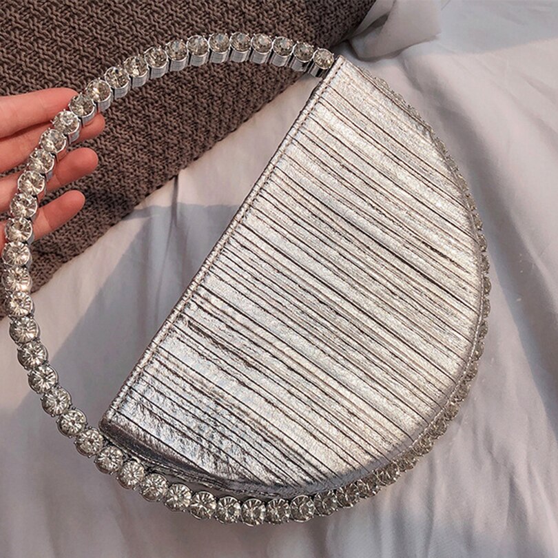 Rhinestone Circular Handle Evening Bag Women Diamonds Round Red Clutch Purse Ladies Chic Handbag Party: Silver
