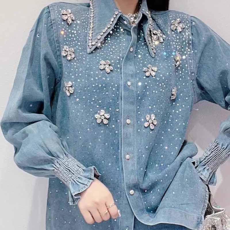 Eleganta kvinnor diamanter pärlblommor jeansblusar strass jeansskjortor paljettkofta kristall ytterkläder borrningstoppar blusor