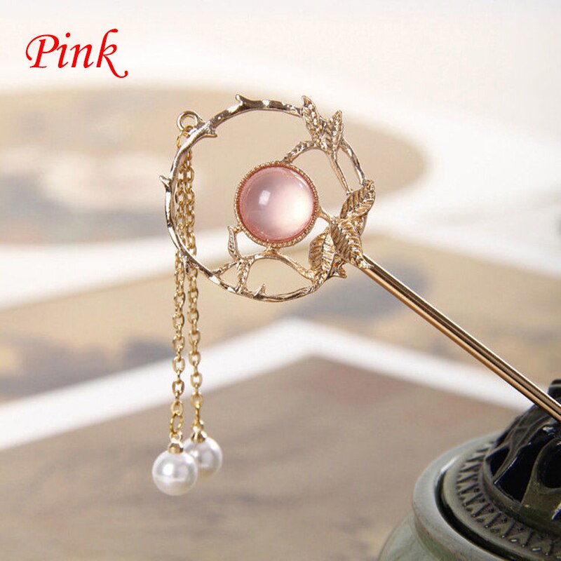 Mode Metalen Haar Sticks Chinese Stijl Vrouwen Haar Pin Clip Haarspelden Eetstokje Hoofddeksels Bruids Bruiloft Sieraden Accessoires: Pink