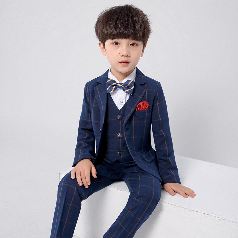 Formal Boys Slim Suits Sets Children Performance Party Wedding Costume Kids Boys Plaid Blazer Vest Trousers Bowtie Clothing Set