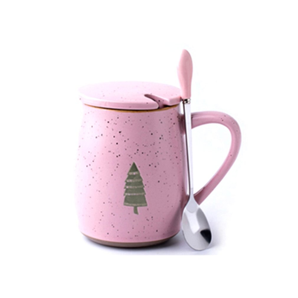 Tazza da caffè nordica con coperchio tazze in ceramica da 500ml tazze da albero per cartoni animati con cucchiaio tazza da caffè al latte regali di novità: Colore rosa