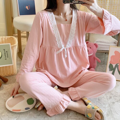 Maternity Pajamas Spring Summer Thin Loose Casual Solid Color Modal Confinement Clothing Maternity Home Service Suit: Pink / XXL