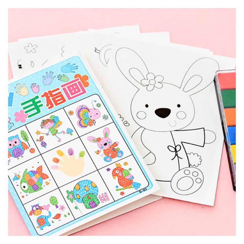8PCS/set Finger Painting Card 6 Colors Ink Pad Stamp Cartoon Animals DIY Learning Education Drawing Toys For Children Kid