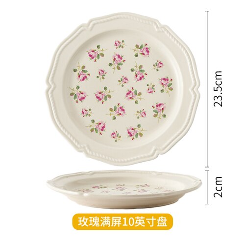 Floriferous Dessert Plate Embossed Edge Dinner Plates Dishes Household Ceramic Plate And Bowls Simple White Tableware: Rose 10 inch