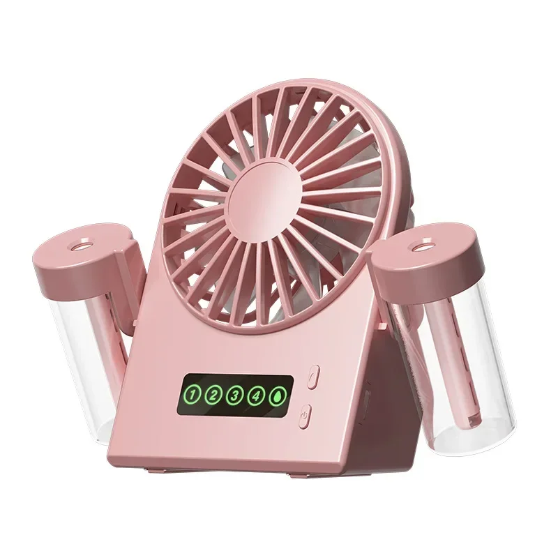Dual Mist USB Humidifier Fan - 2-in-1 Desktop Cooler with 4 Speeds, 1200mAh Battery & Digital Display for Office/Home: Pink