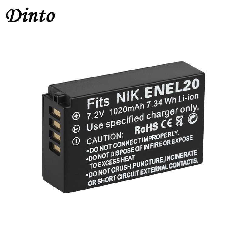 Dinto 2Pcs 1020Mah EN-EL20 ENEL20 Oplaadbare Camera Batterij Voor Nikon Coolpix Een, AW1, J1, j2, J3, S1, V1, V2, V3 En EL20