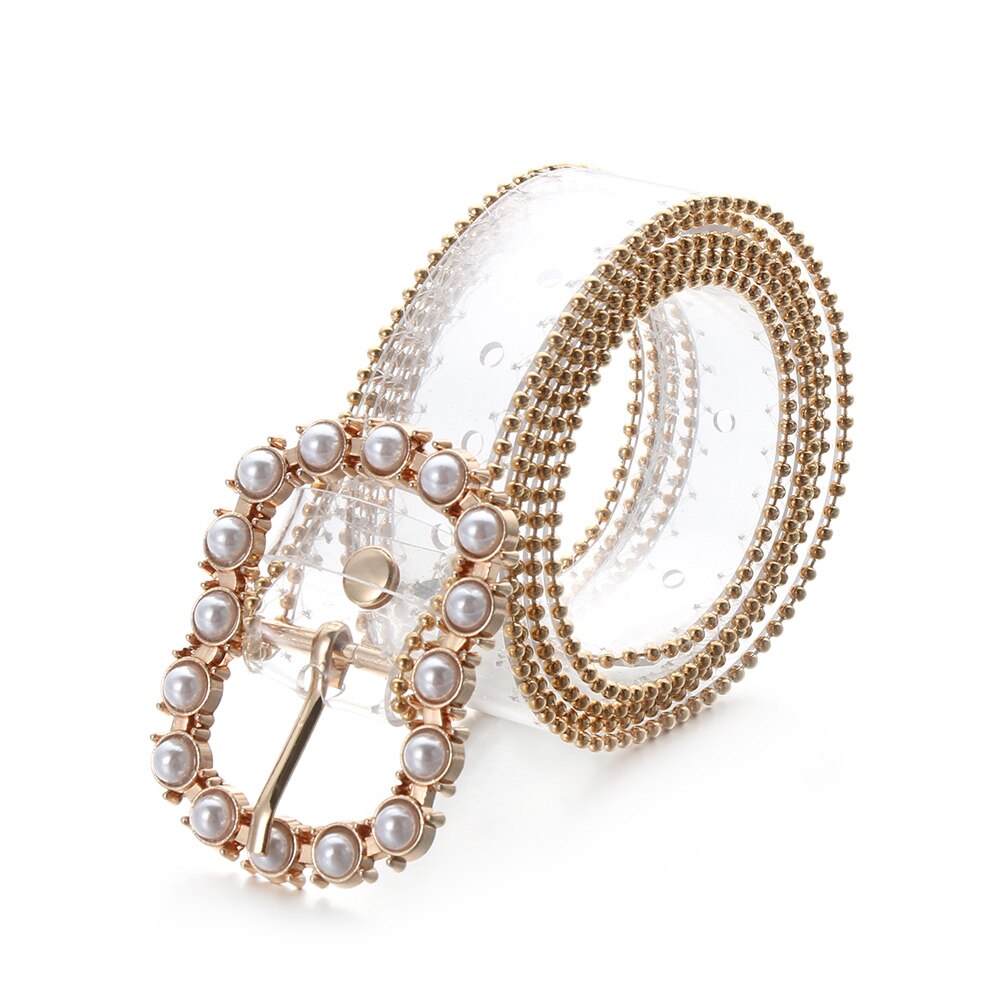 Clear Belt Diamond Pearl Waist Belts Versatile PVC Transparent Plastic Waist Strap Adjustable Decorative Waistband: 2.5cm-Type  4 gold