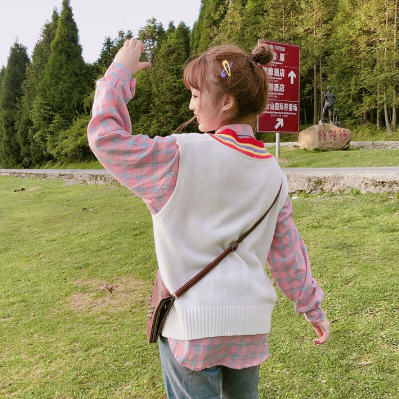 Pull gilet femmes printemps Patchwork poche col en v Kawaii coréen Preppy Style femmes gilet sans manches Chic doux