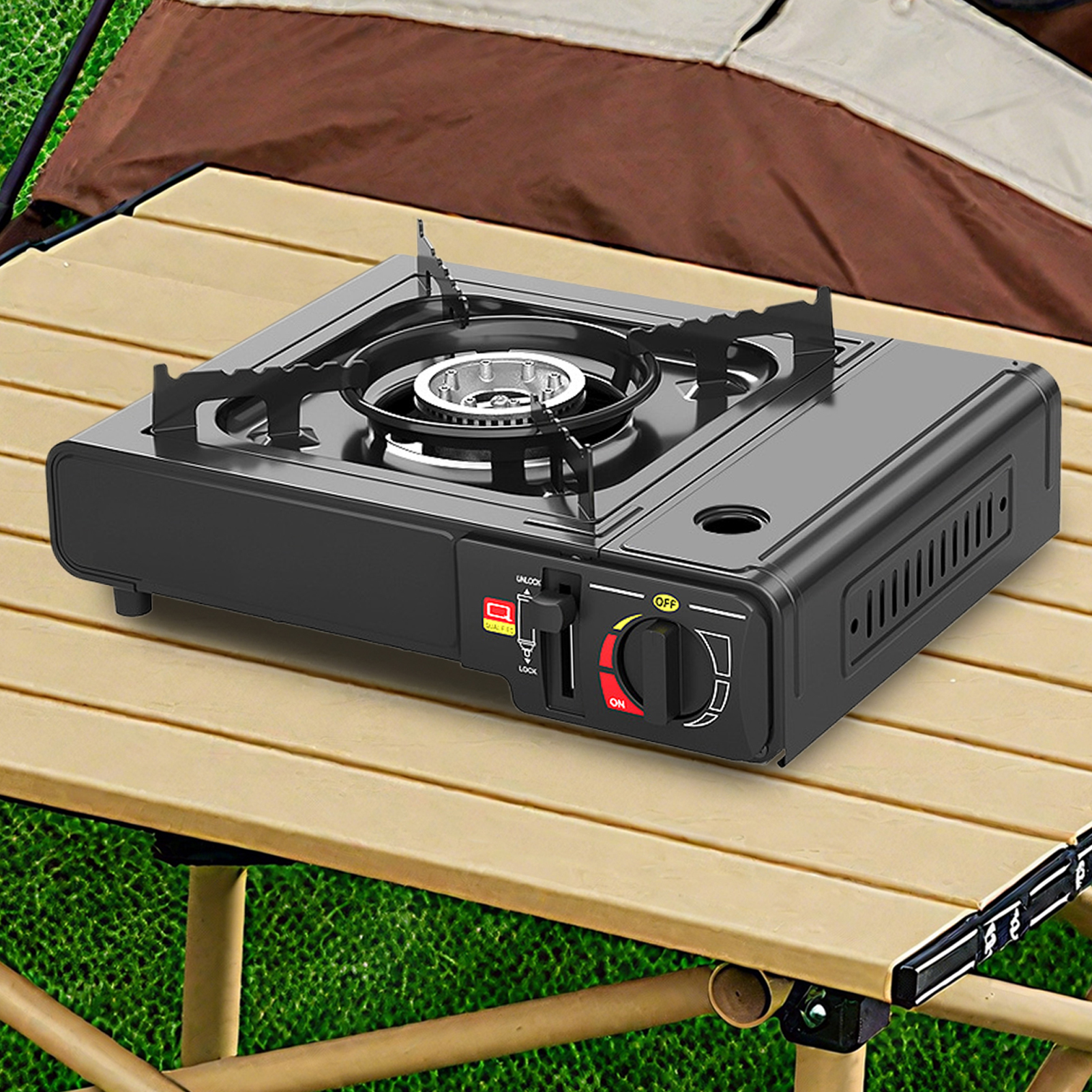 Estufa de Cassette portátil, estufa compacta para acampar, cocina resistente, Control de llama multietapa, encendido automático para Picnic y senderismo