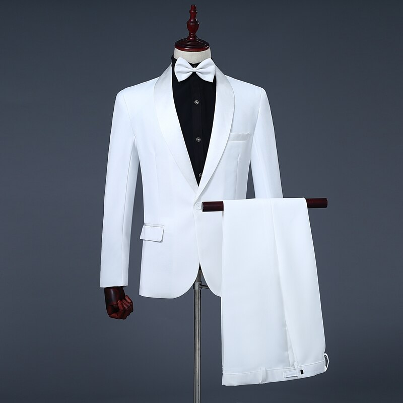 Luxury Handsome 2 Colors Wedding Suits Stage Costume Men&#39;s Leisure Business Blazer Pants Set with Bow Tie: white / XXL