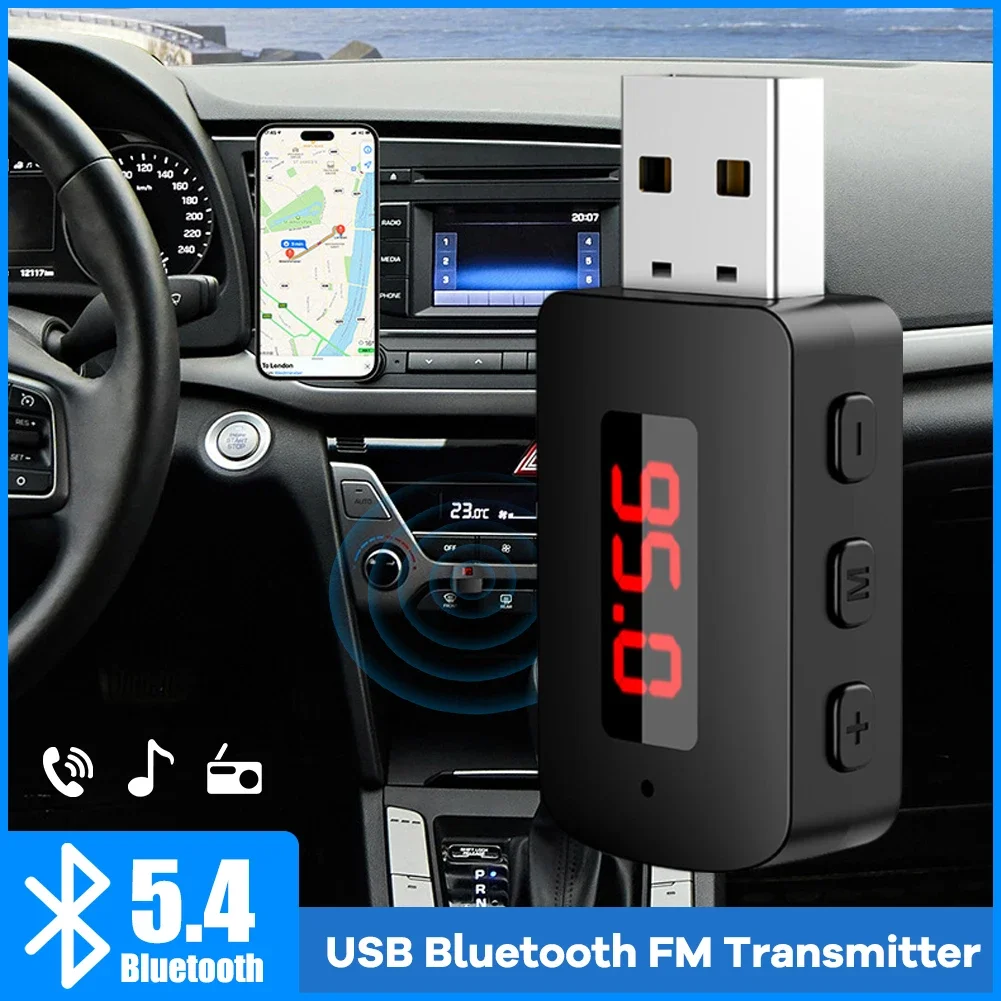 Auto Bluetooth 5.4 FM-zender USB draadloze audio-adapter Handsfree bellen Carkit met microfoon HIFI Stereo voor auto FM-radio