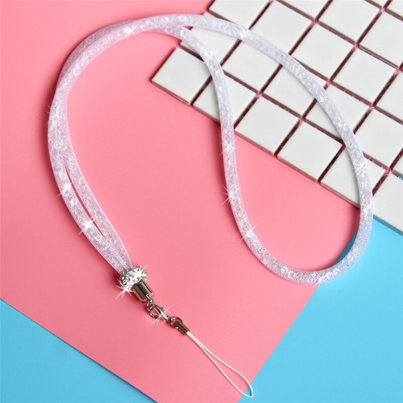 Cordão de cristal para apoio de pescoço, cordão multifuncional para telefone celular, suporte para teclas, cartão de identificação, academia, diamante menina/mulheres: white