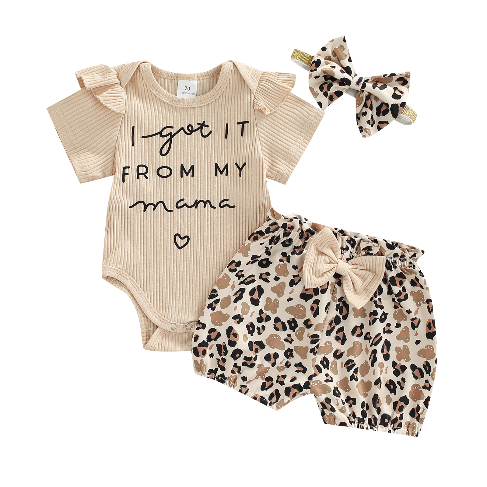 Ensemble de vêtements d'été pour bébés filles de 0 à 18M, barboteuse à manches courtes + Short imprimé léopard/tournesol, I GOT IT FROM MY MAMA, 3 pièces, 2022: A / 18M