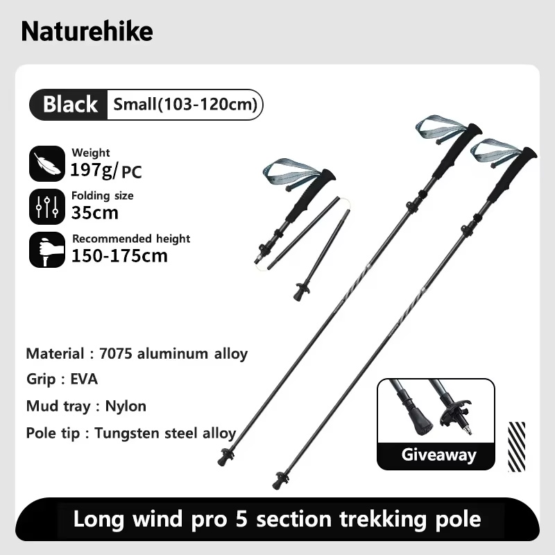 Naturehike Long Wind Trekking Poles Carbon Fiber 7075 Aluminum Alloy Five-section Folding Lightweight Walking Sticks Climbing: Orange
