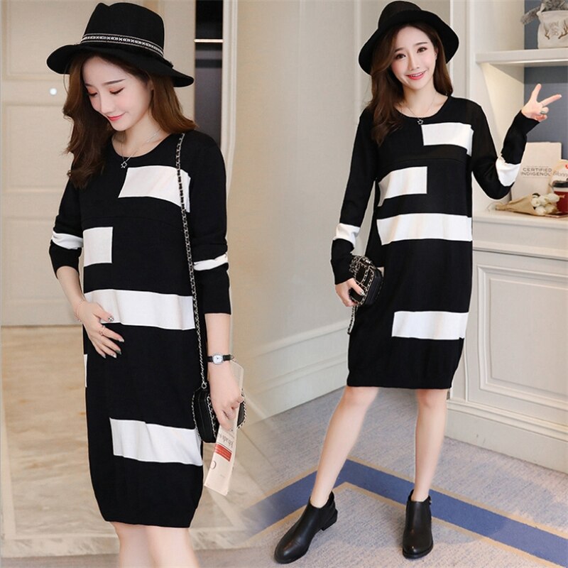 Maternité a-ligne robe pull femme enceinte en vrac épissure pull tricoté longue section robes à manches longues femme