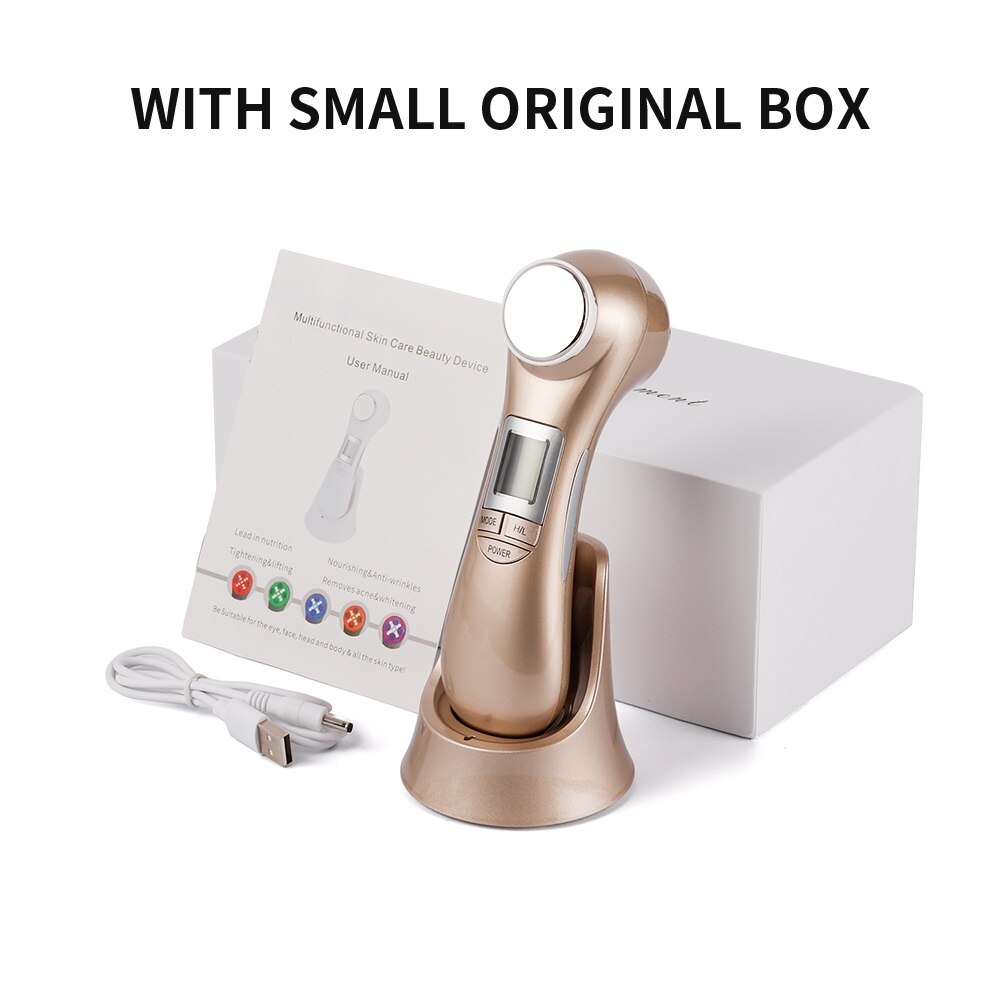 6 in 1 Mesoporation Electroporation LED Photon Therapy Beauty Device Radio Frequency Face Lifting Facial Skin Tighten Massager: Gold with Box
