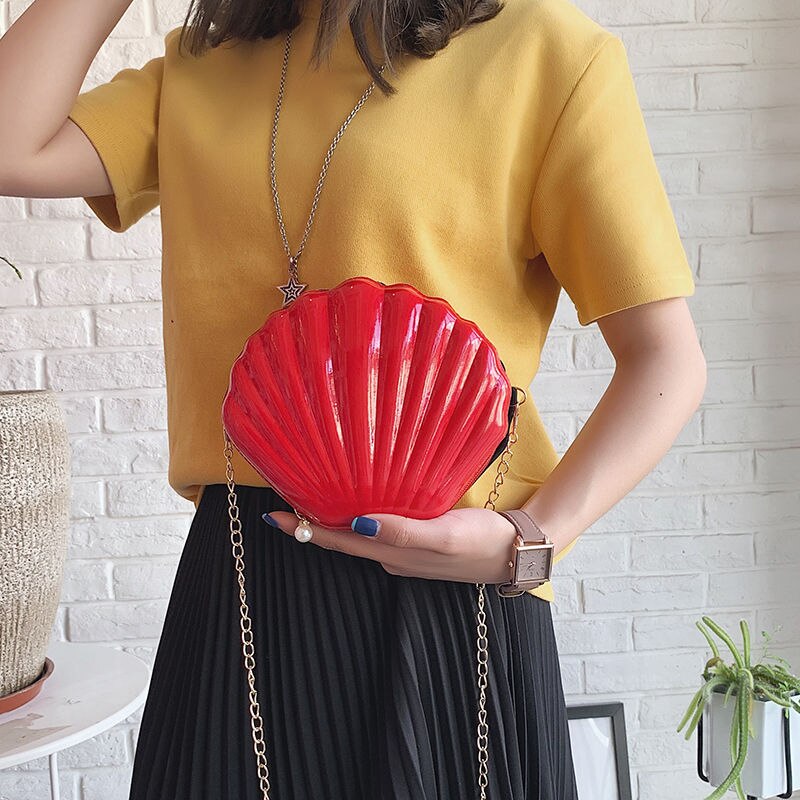 Sequin Shell Tas Vrouwen Crossbody Bag Keten Mini Schoudertas Cirkel Seashell Bling Handtas Meisjes Glitter Portemonnees En Handtassen: Red