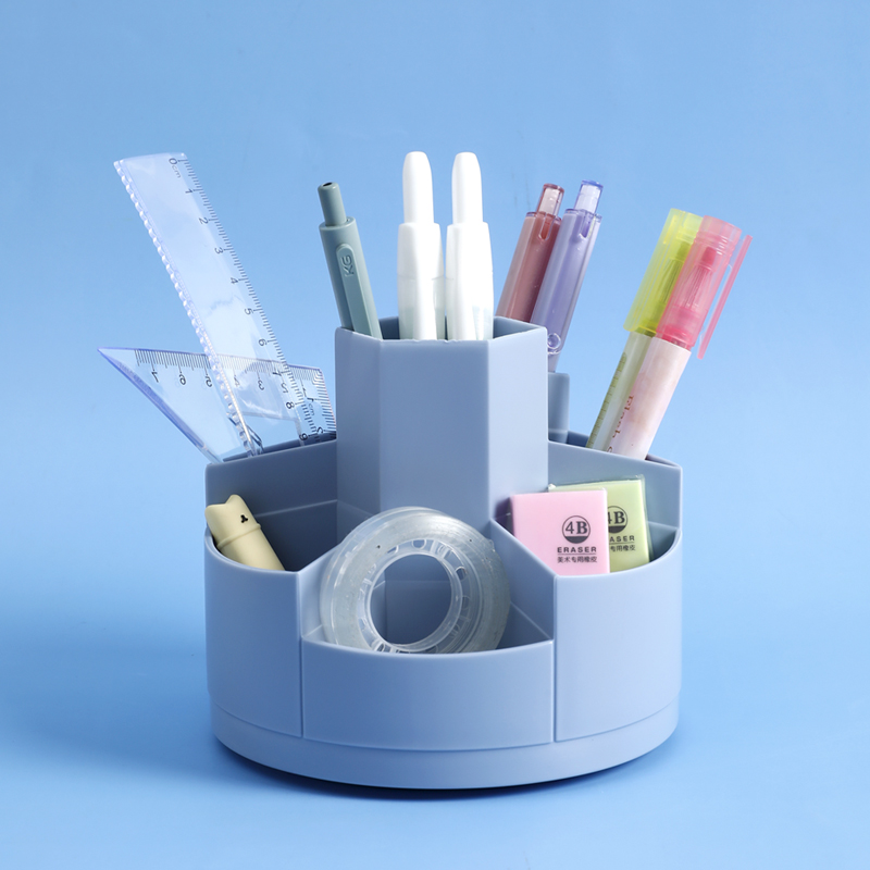 Portalápices giratorio, organizador de escritorio, caja de almacenamiento de plástico para bolígrafos, papelería para la escuela y la Oficina: blue