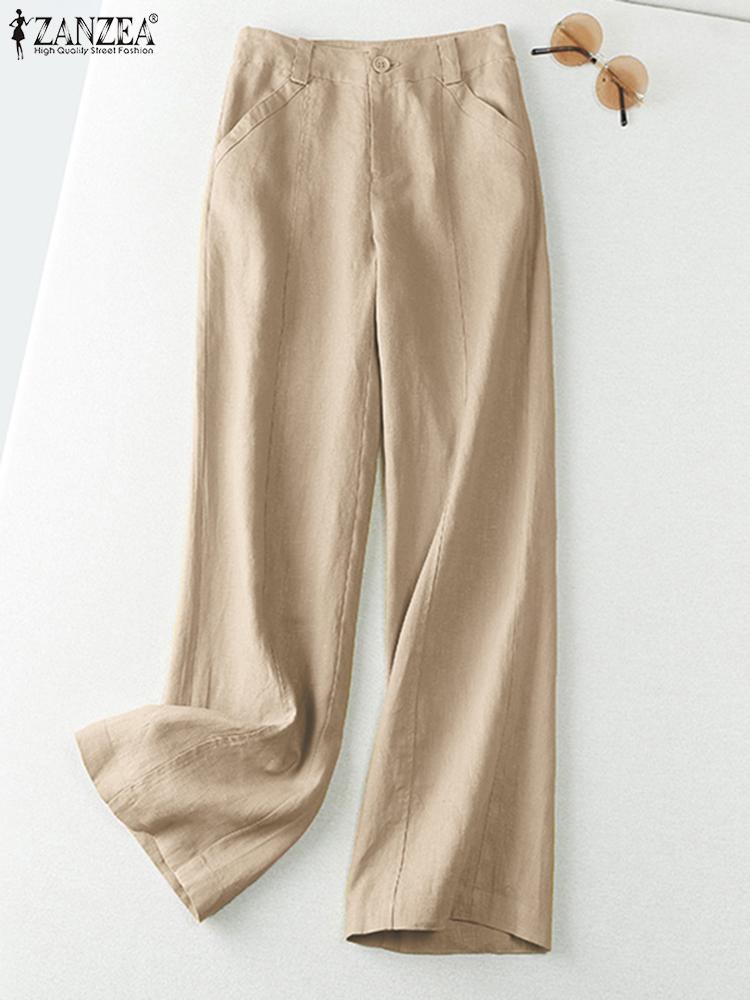 ZANZEA 2025 Primavera Verano mujer pantalones algodón Lino pantalones largos pierna ancha liso vacaciones pantalones casuales ropa de calle pantalones: 5 XL / Beige