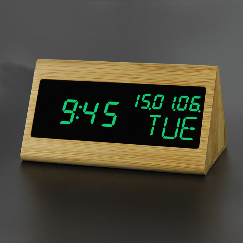 100% Bamboo Digital Alarm Clock Wooden LED Table Clock Electronic Despertador Desk Brightness Voice Snooze Control Temperature: 89-Green