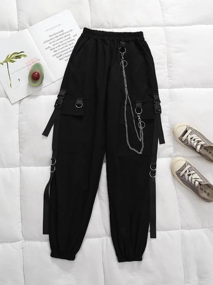 HOUZHOU-pantalones Cargo Harajuku con cadena para mujer, pantalón Punk, estilo Hip Hop, gótico, negro, ropa de calle