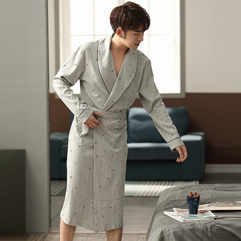 Spring Autumn Men Japanese Kimono Night-Robe 100% Cotton Casual Bathrobe Male Winter Long Sleeves V-shaped Collar Homewear