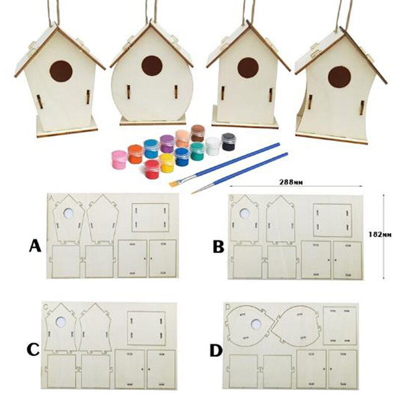 1 Pc Diy Mini Houten Vogel Huis Schilderen Borstel Kleurrijke Pigment Speelgoed Voor Kinderen
