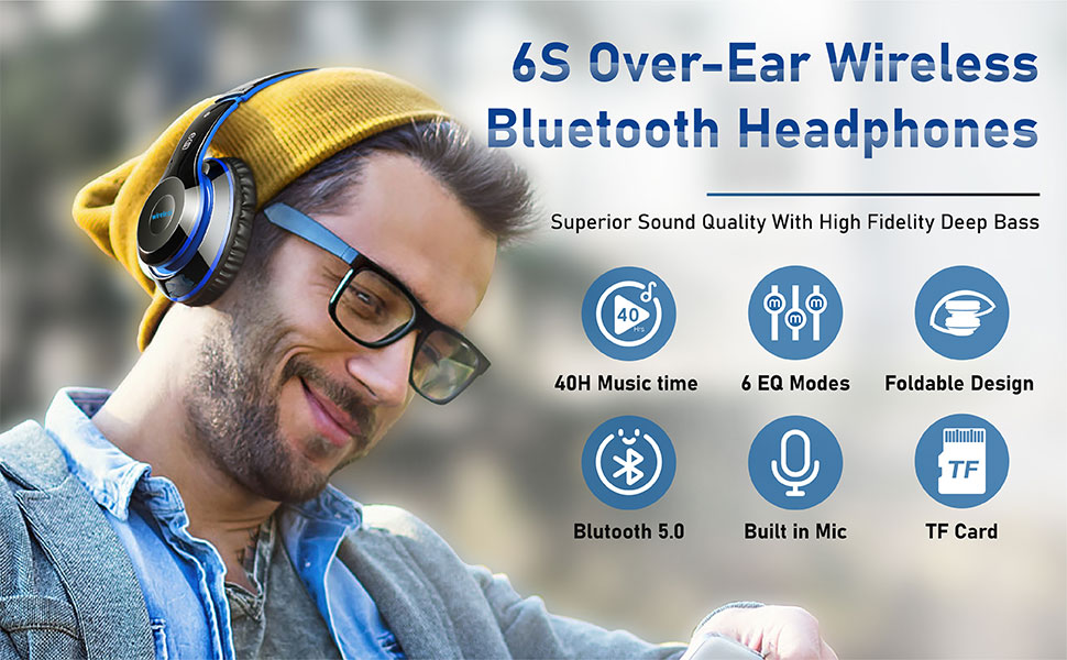 Bluetooth-Kopfhörer über Ohr, 6s faltbare kabellose Kopfhörer mit 6 eq-Modi, 40 Stunden Spielzeit Hifi-Stereo-Headset mit Mikrofon