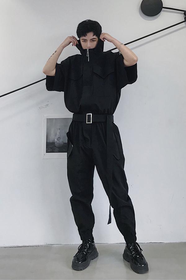 Retro Short Sleeve one-piece suit hip hop one-piece street work clothes hip-hop men's wear leg nine-point trousers