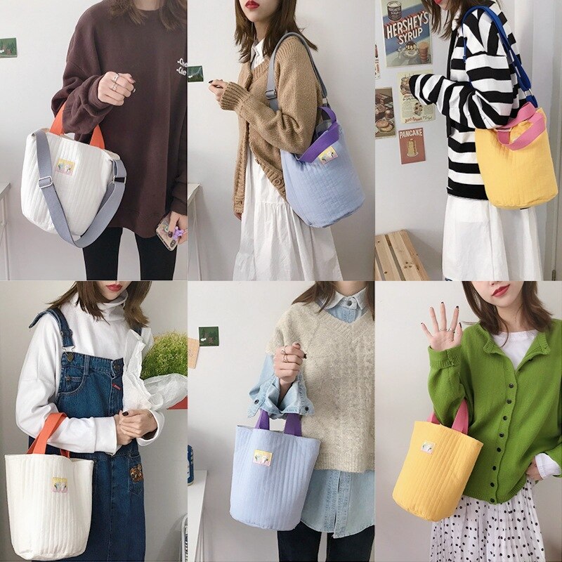 Katoenen emmertas gestreepte gewatteerde schoudertassen crossbody trekkoord kleine tas warme canvas draagtas voor dames