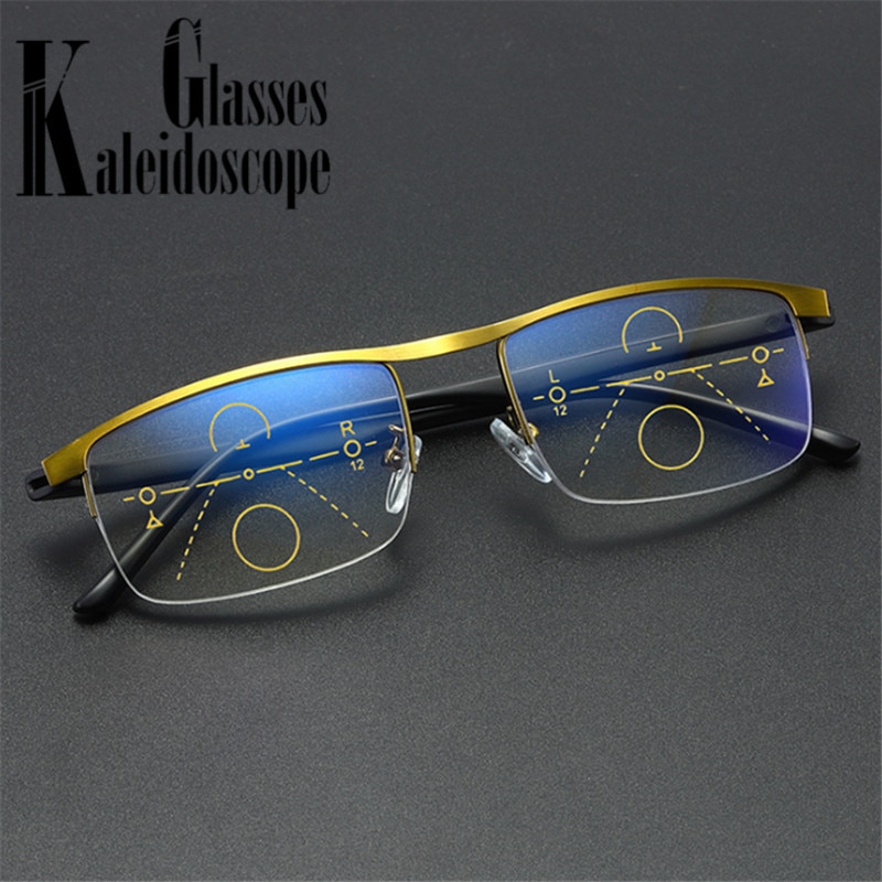 Half montuur progressieve multifocale leesbril dames heren blauw licht blokkerende metalen presbyopische bril dichtbij en veraf  +1.5 to +4