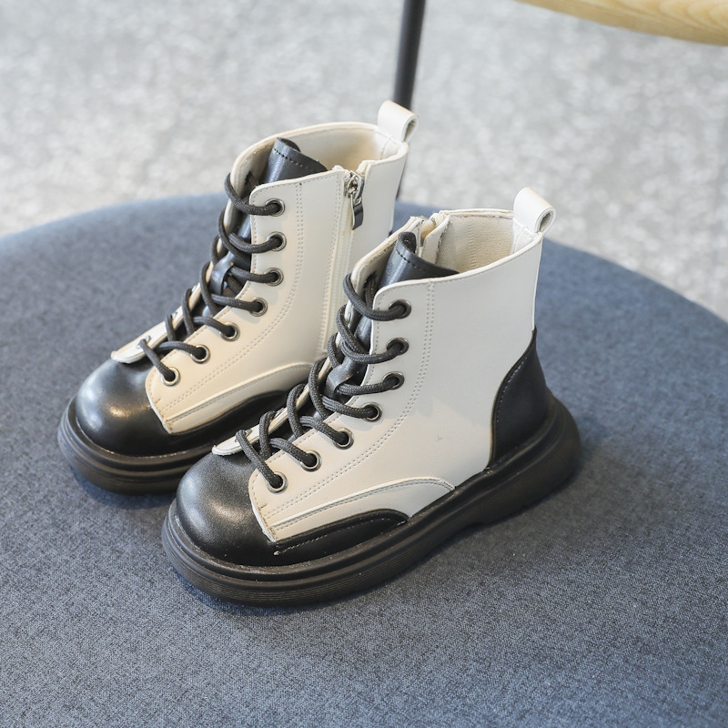 Crianças martin botas estilo britânico botas 2022 outono botas curtas coreano fundo grosso meninos meninas sólido botas pretas moda 26-35: White / 26(inner 16cm)