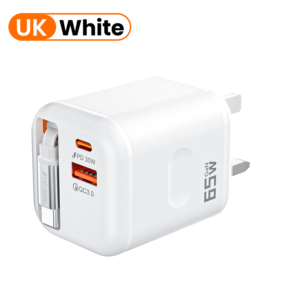 65w- poorts dual-port intrekbare kabel snellader snellader reis usb-c oplader eu/us/uk stekkeradapter voor iphone 15 16 17