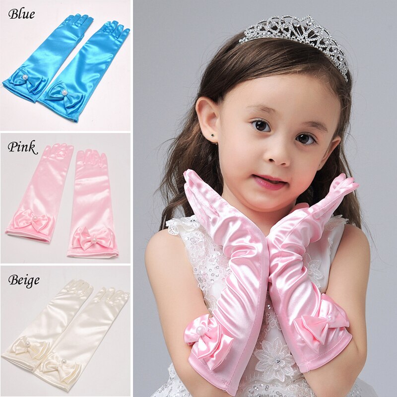 Long Satin Gloves For Flower Children Party Cute Girls Finger White Pearl Bow Performance Stretch Kid Gloves Wedding Accessories